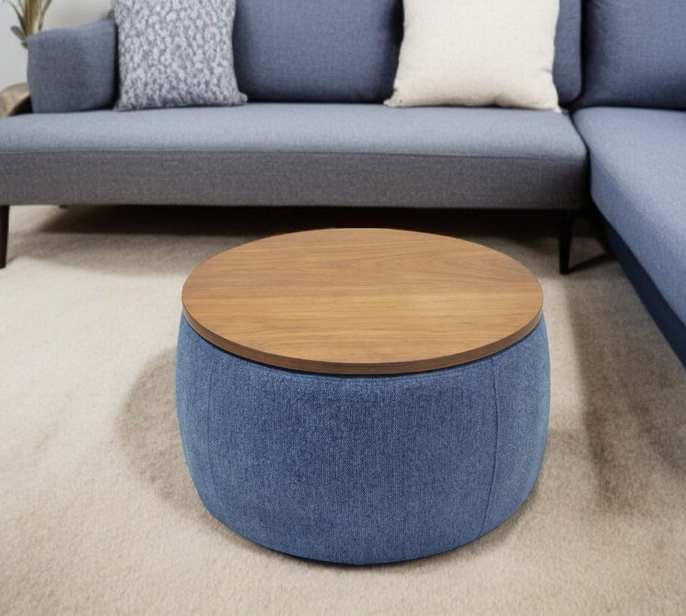 Homeroots 26" Stylish Blue And Brown Reversible Ottoman With Hidden Storage For Seating And Foot Rest Comfort   484407