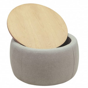 Homeroots 26" Gray And Natural Upholstered Round Storage Ottoman With Reversible Tray Top For Stylish Spaces   484408