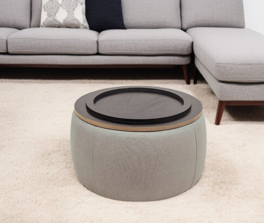 Homeroots 26" Gray And Natural Upholstered Round Storage Ottoman With Reversible Tray Top For Stylish Spaces   484408