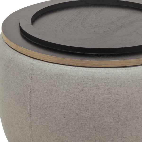 Homeroots 26" Gray And Natural Upholstered Round Storage Ottoman With Reversible Tray Top For Stylish Spaces   484408