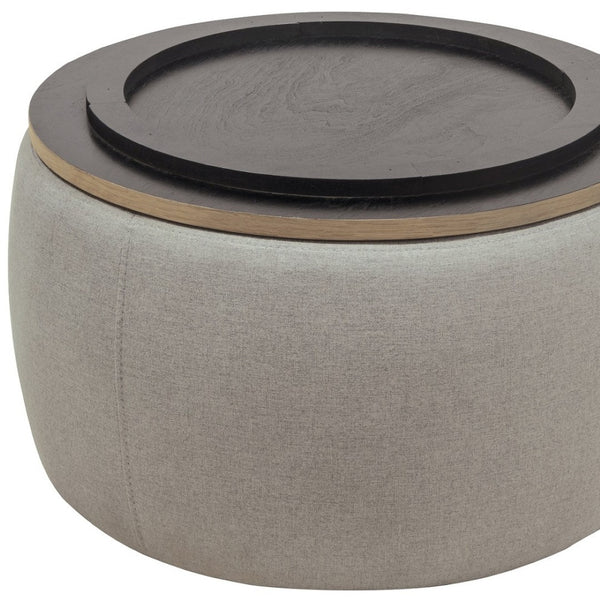 Homeroots 26" Gray And Natural Upholstered Round Storage Ottoman With Reversible Tray Top For Stylish Spaces   484408