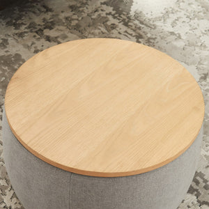 Homeroots 26" Gray And Natural Upholstered Round Storage Ottoman With Reversible Tray Top For Stylish Spaces   484408