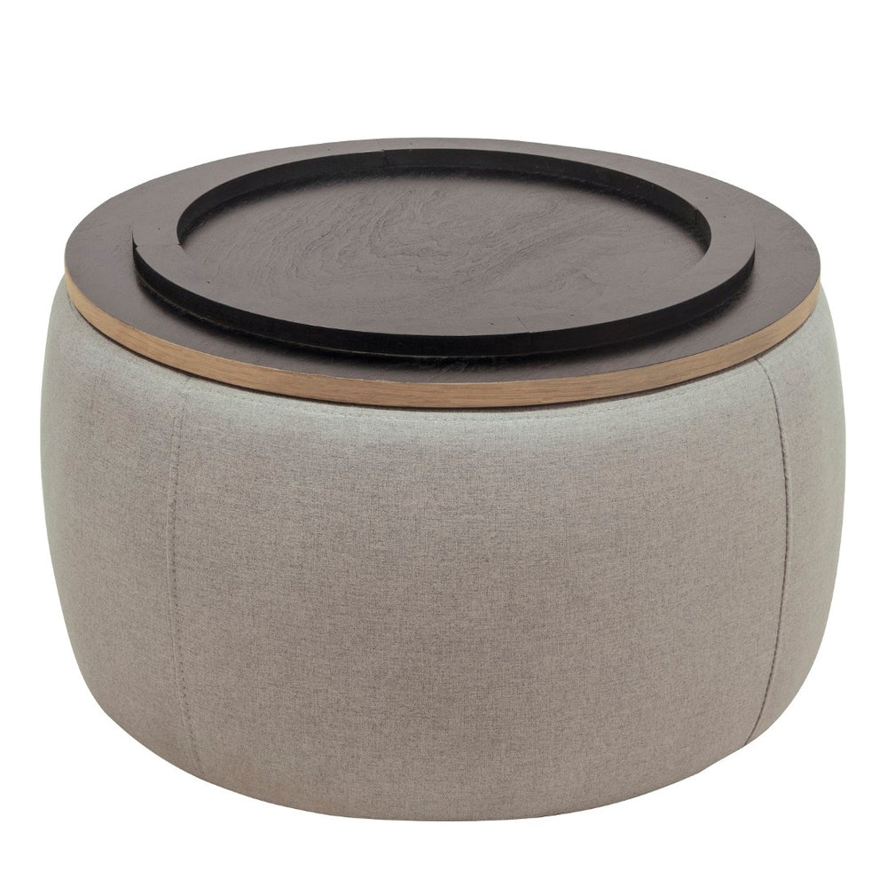 HomeRoots 26" Stylish Gray & Natural Round Storage Ottoman with Reversible Tray Top for Versatile Living Spaces 484408