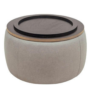 HomeRoots 26" Stylish Gray & Natural Round Storage Ottoman with Reversible Tray Top for Versatile Living Spaces 484408