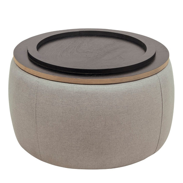 HomeRoots 26" Stylish Gray & Natural Round Storage Ottoman with Reversible Tray Top for Versatile Living Spaces 484408
