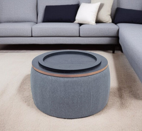 Homeroots 26" Stylish Dark Gray & Natural Fabric Round Ottoman With Reversible Tray Top & Hidden Storage   484409