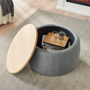 Homeroots 26" Stylish Dark Gray & Natural Fabric Round Ottoman With Reversible Tray Top & Hidden Storage   484409
