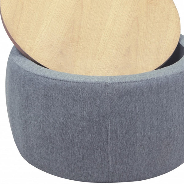 Homeroots 26" Stylish Dark Gray & Natural Fabric Round Ottoman With Reversible Tray Top & Hidden Storage   484409