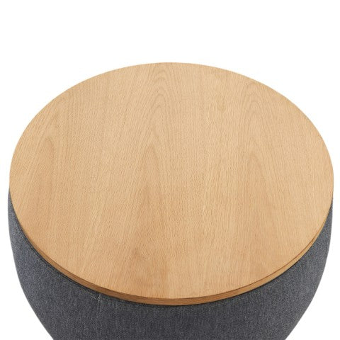 Homeroots 26" Stylish Dark Gray & Natural Fabric Round Ottoman With Reversible Tray Top & Hidden Storage   484409