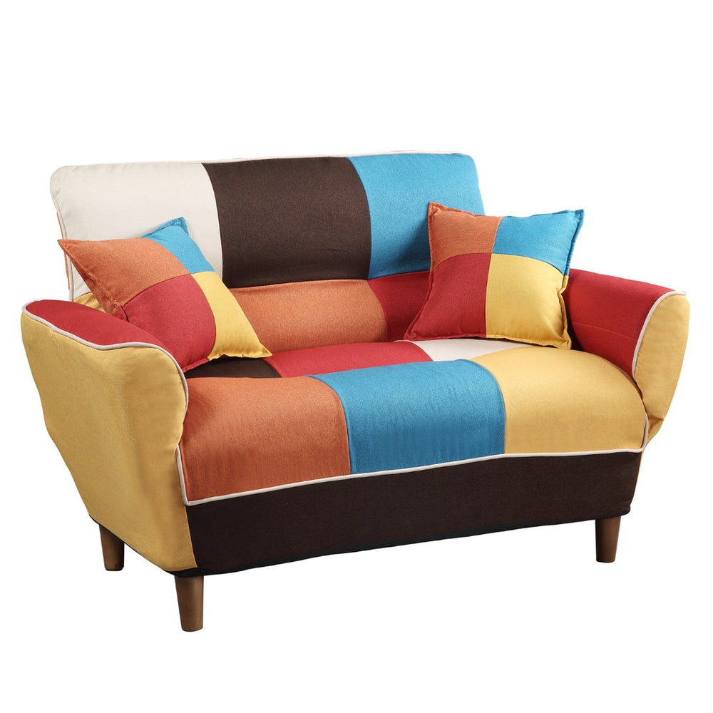 HomeRoots 46" Stylish Yellow, White & Brown Linen Geometric Futon Loveseat - Convertible Sleeper with Pillows 484411