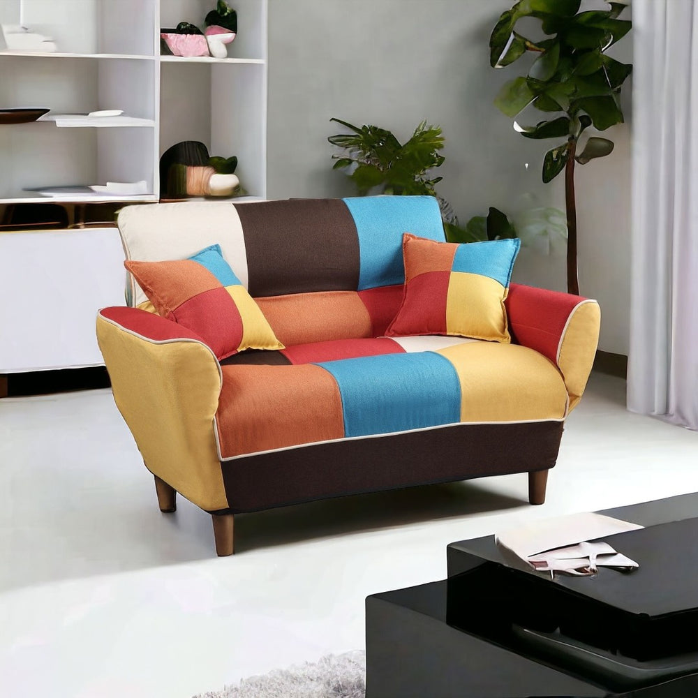 HomeRoots 46" Stylish Yellow, White & Brown Linen Geometric Futon Loveseat - Convertible Sleeper with Pillows 484411