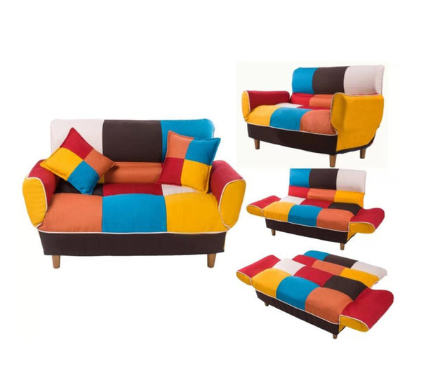 HomeRoots 46" Stylish Yellow, White & Brown Linen Geometric Futon Loveseat - Convertible Sleeper with Pillows 484411
