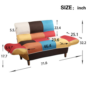 HomeRoots 46" Stylish Yellow, White & Brown Linen Geometric Futon Loveseat - Convertible Sleeper with Pillows 484411