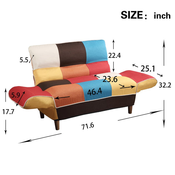 HomeRoots 46" Stylish Yellow, White & Brown Linen Geometric Futon Loveseat - Convertible Sleeper with Pillows 484411