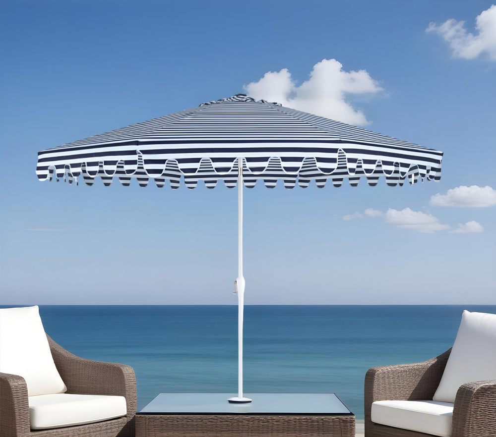 Homeroots 11' Navy And White Stripe Octagonal Tilt Umbrella - Stylish Outdoor Shade For Parties & Relaxation  Polyester 484479