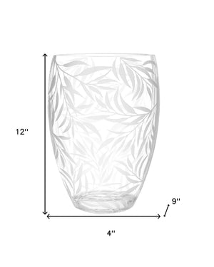 Homeroots 12" Clear And Frosted Leaf Pattern Oval Crystal Table Vase  Crystal Glass 484492