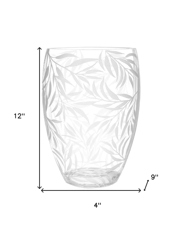 Homeroots 12" Clear And Frosted Leaf Pattern Oval Crystal Table Vase  Crystal Glass 484492