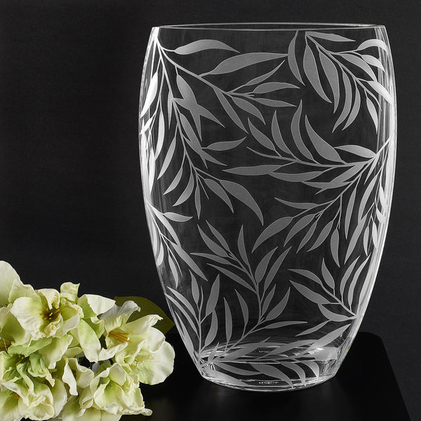 Homeroots 12" Clear And Frosted Leaf Pattern Oval Crystal Table Vase  Crystal Glass 484492
