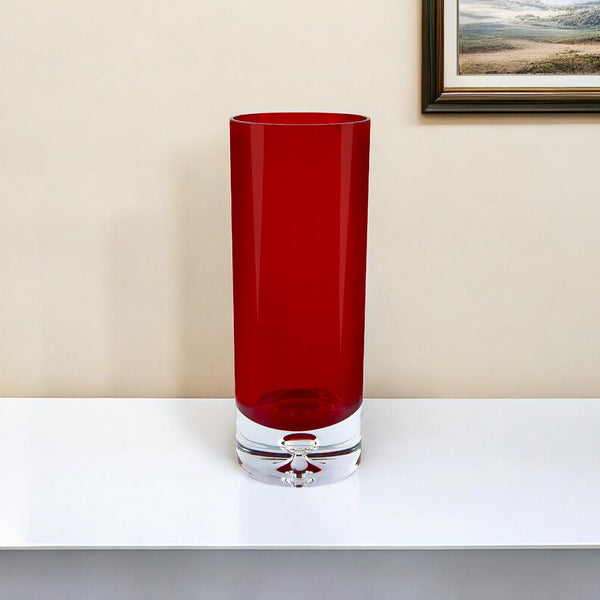 Homeroots 11" Red Crystal Glass Cylinder Table Vase  Crystal Glass 484494
