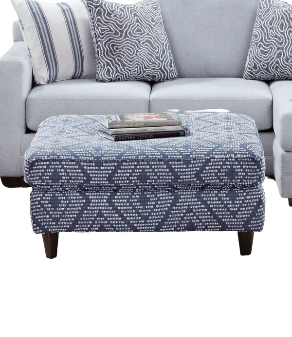 English Elm Blue Navy Pattern Ottoman 37.5" Square — Contemporary Upholstery, Espresso Tapered Block Legs, Stylish Accent Piece B2741P355170
