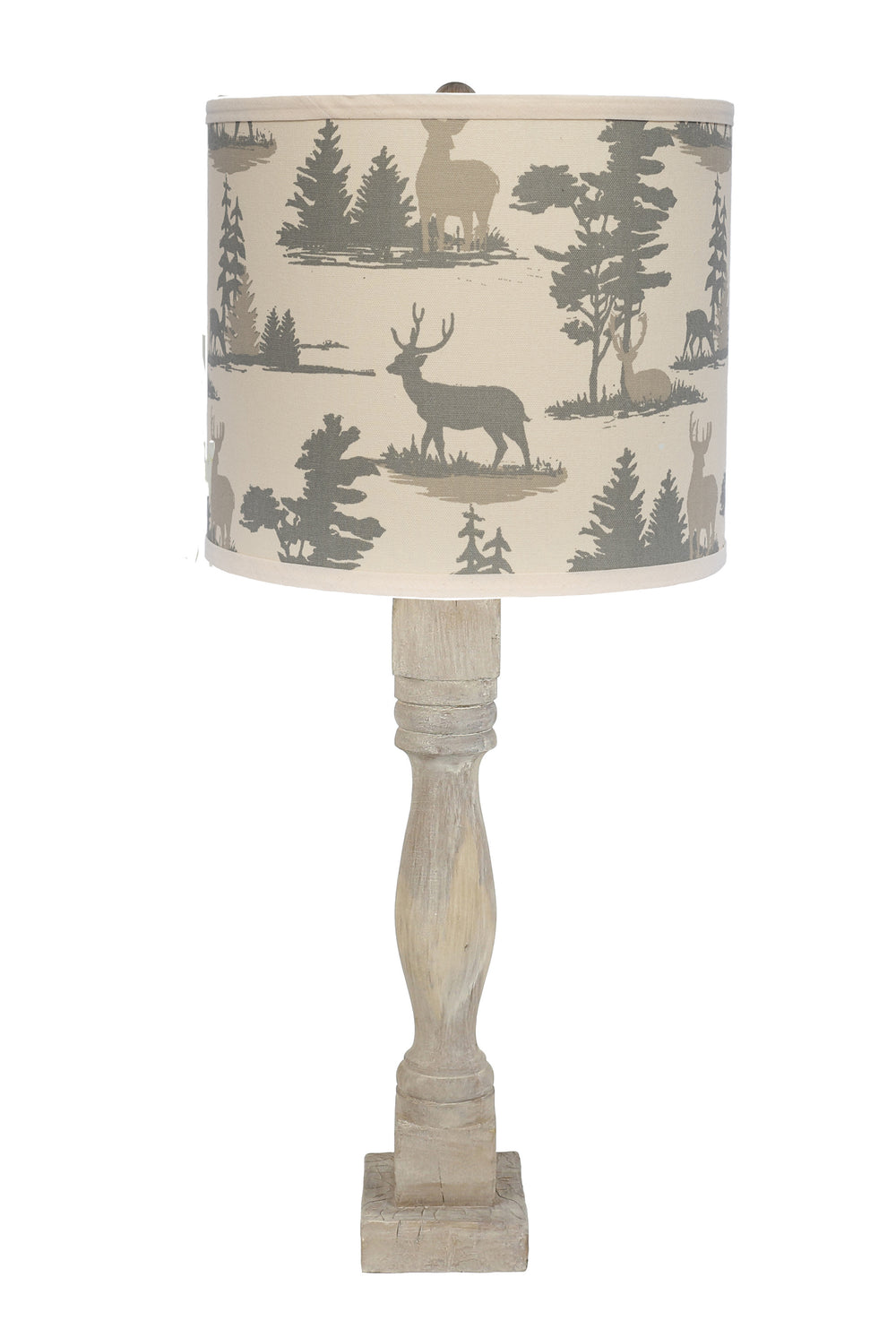 Homeroots 30" Rustic Gray Whitewash Table Lamp With Ivory And Gray Woodland Deer Drum Shade   484500