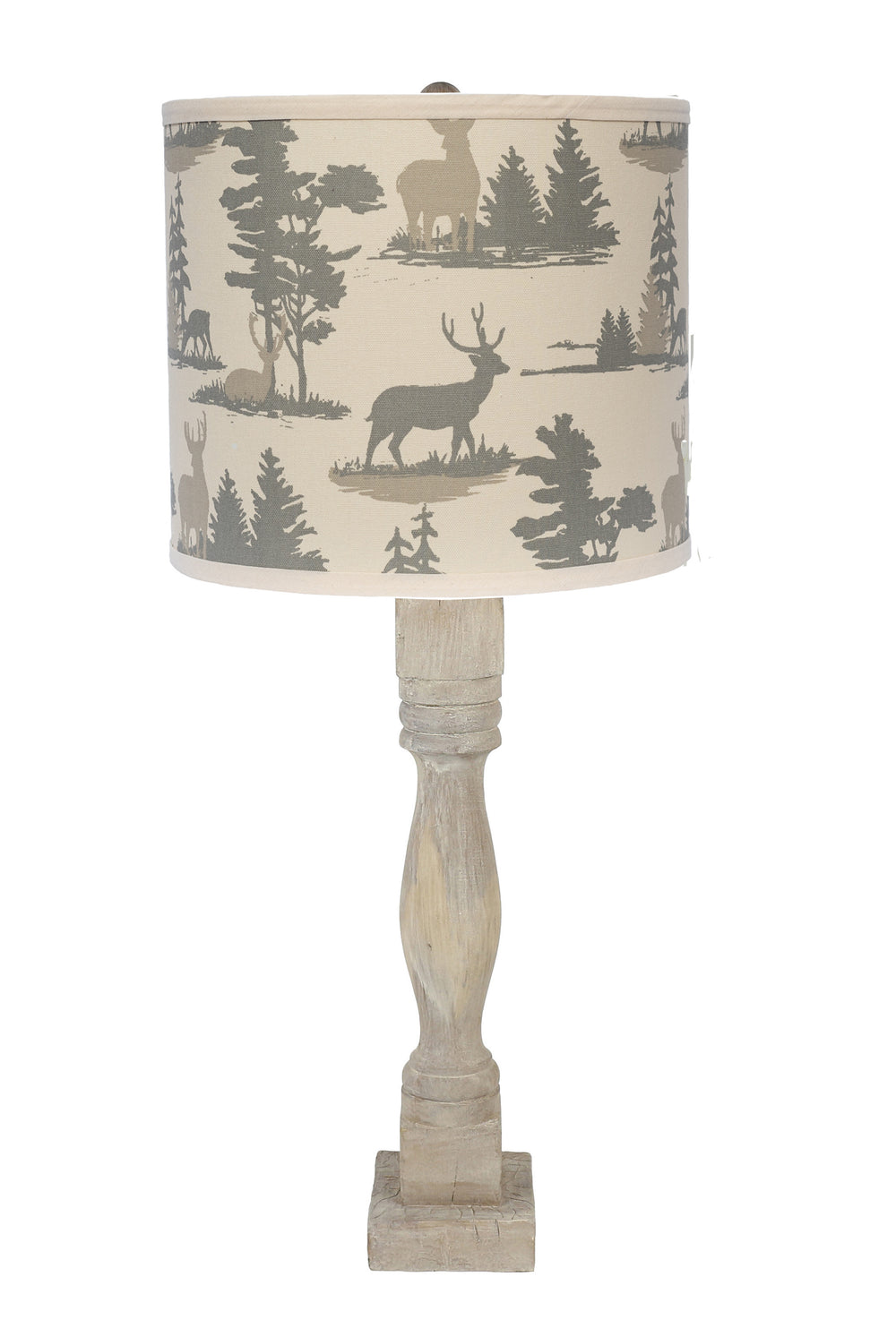 Homeroots 30" Rustic Gray Whitewash Table Lamp With Ivory And Gray Woodland Deer Drum Shade   484500