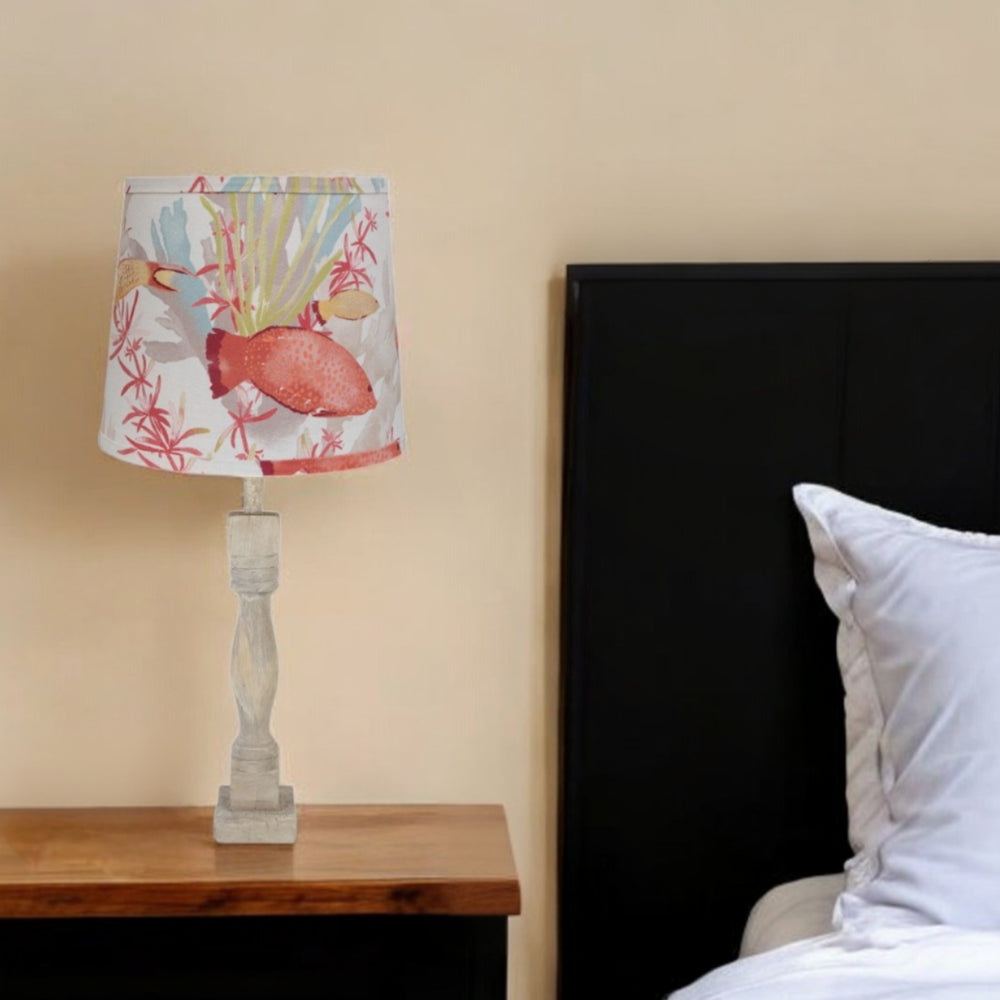 Homeroots 30" Distressed Natural Solid Wood Table Lamp Coastal With Fish Empire Shade   484503