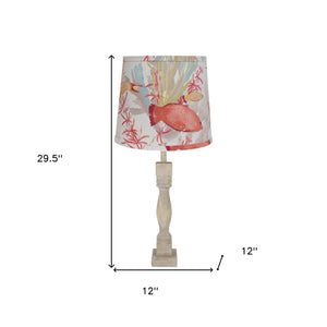 Homeroots 30" Distressed Natural Solid Wood Table Lamp Coastal With Fish Empire Shade   484503
