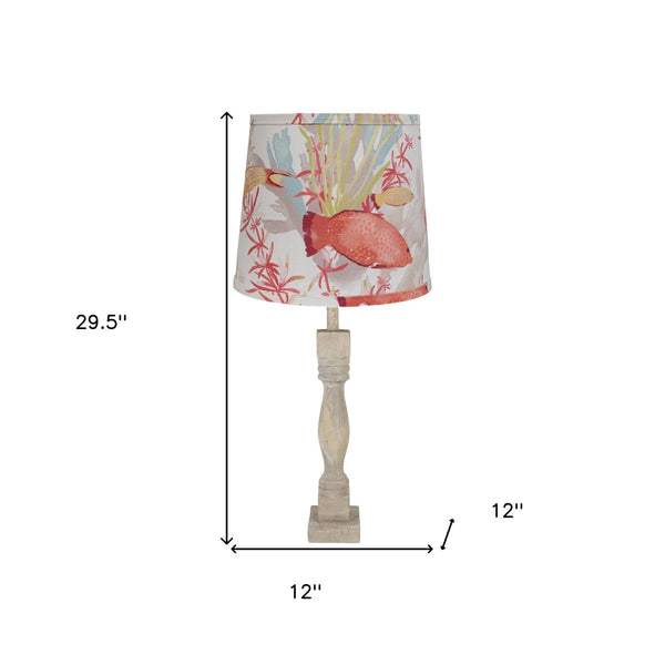 Homeroots 30" Distressed Natural Solid Wood Table Lamp Coastal With Fish Empire Shade   484503