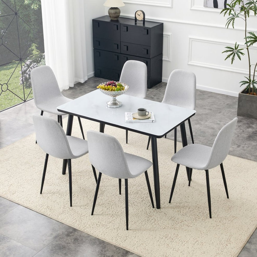 English Elm Table and Chair Set Marble Glass Top Dining with Six Gray Linen Upholstered Seats W1151S04658