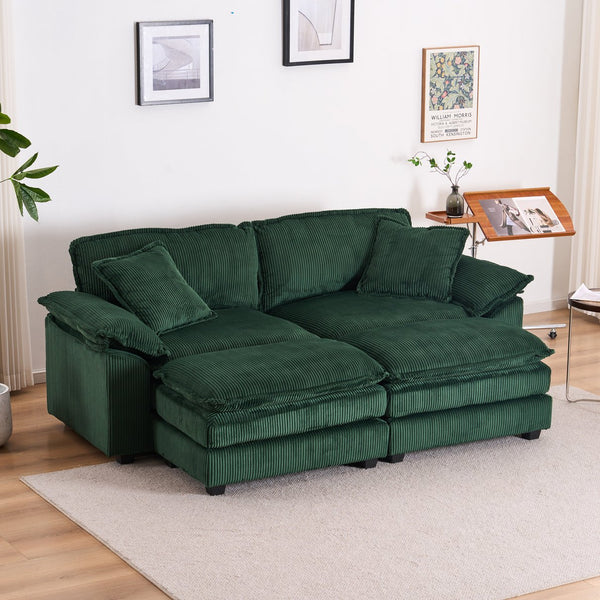 English Elm Corduroy Plush 2-Seat Sofa with 2 Back Cushions, Toss Pillows & Ottomans — Deep Seat Comfort Green W2363S00065