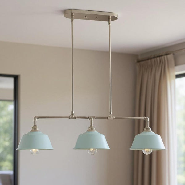Nickel Dimmable Island Chandelier with Three Soft Blue Shades for Modern Kitchen