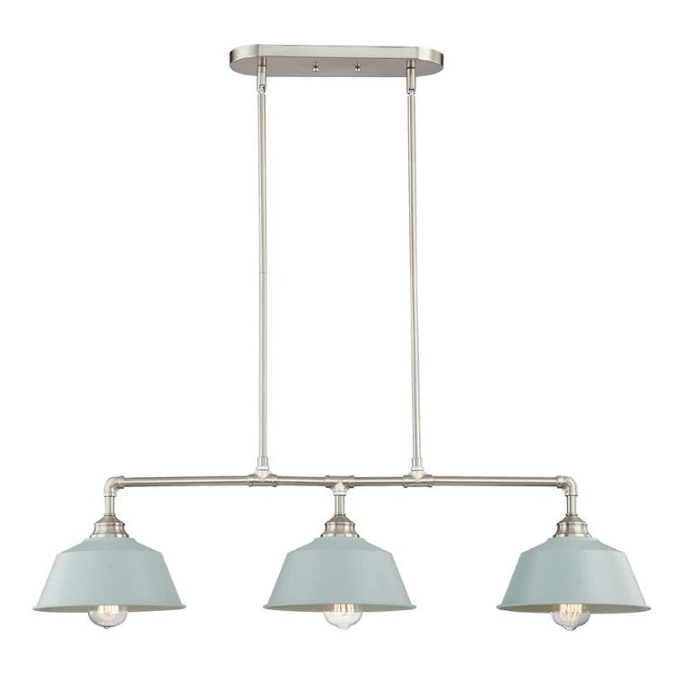HomeRoots Nickel Dimmable Island Chandelier with Three Soft Blue Shades for Modern Kitchen 484615