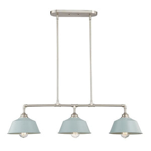 HomeRoots Nickel Dimmable Island Chandelier with Three Soft Blue Shades for Modern Kitchen 484615