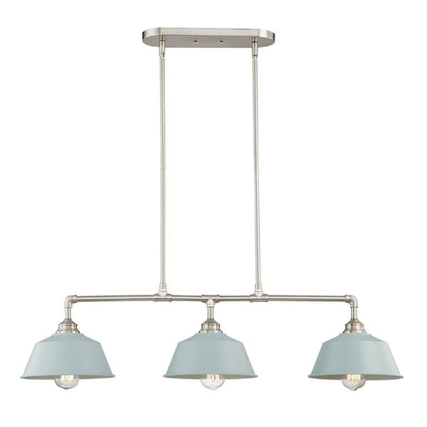 HomeRoots Nickel Dimmable Island Chandelier with Three Soft Blue Shades for Modern Kitchen 484615