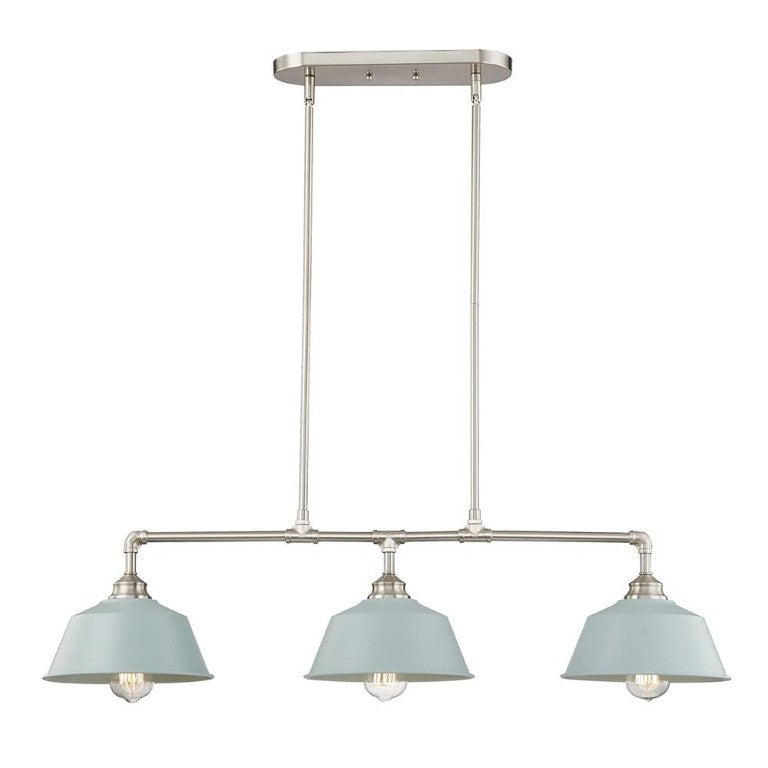 HomeRoots Nickel Dimmable Island Chandelier with Three Soft Blue Shades for Modern Kitchen 484615