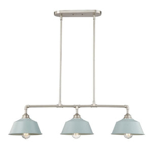 Nickel Dimmable Island Chandelier with Three Soft Blue Shades for Modern Kitchen