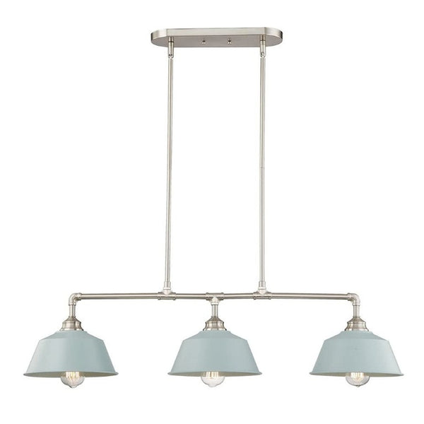 Nickel Dimmable Island Chandelier with Three Soft Blue Shades for Modern Kitchen