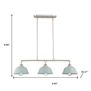 Nickel Dimmable Island Chandelier with Three Soft Blue Shades for Modern Kitchen