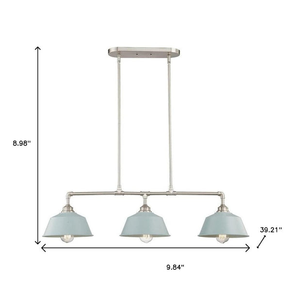Nickel Dimmable Island Chandelier with Three Soft Blue Shades for Modern Kitchen