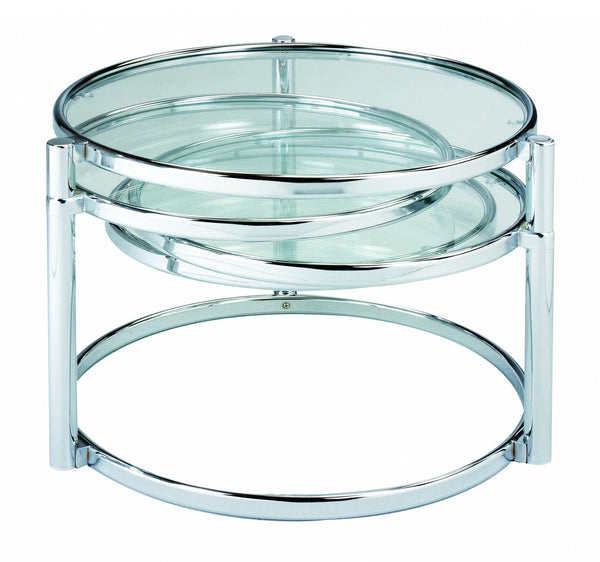 Homeroots 60" Clear And Silver Glass And Steel Round Nested Coffee Tables With Three Shelves   484680