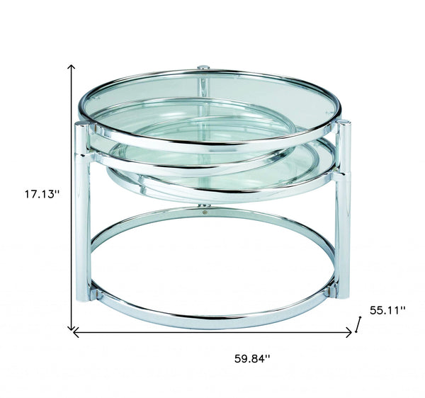 Homeroots 60" Clear And Silver Glass And Steel Round Nested Coffee Tables With Three Shelves   484680