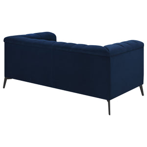 English Elm Darci Blue Velvet Loveseat with Vertical Channel Tufting, Angled Black Metal Legs for Luxe Style B062P357779