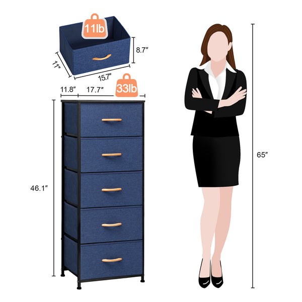 Homeroots 18" Blue And Black Steel And Fabric Five Drawer Chest  Steel And Fabric 484682