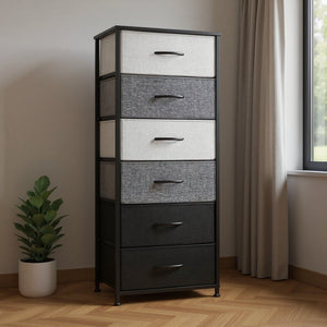 HomeRoots 18" Stylish Steel and Fabric Six Drawer Chest for Space-Saving Storage in Small Rooms and Closets Gray, Black 484694