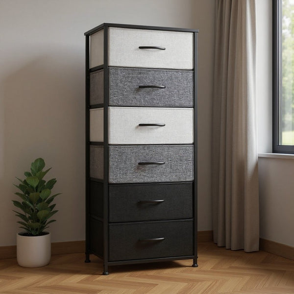 HomeRoots 18" Stylish Steel and Fabric Six Drawer Chest for Space-Saving Storage in Small Rooms and Closets Gray, Black 484694
