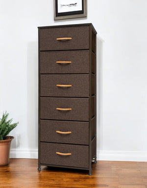 HomeRoots 18" Stylish Steel and Fabric Six Drawer Chest for Space-Saving Storage in Small Rooms and Closets Brown 484696