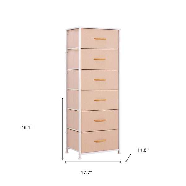 HomeRoots 18" Stylish Steel and Fabric Six Drawer Dresser – Space-Saving Storage Solution for Any Room Pink, White 484698