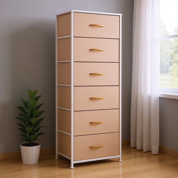 HomeRoots 18" Stylish Steel and Fabric Six Drawer Dresser – Space-Saving Storage Solution for Any Room Pink, White 484698