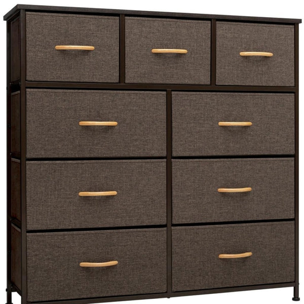 HomeRoots 39" Triple Dresser - Space-Saving Nine Drawer Storage Solution with Durable Steel & Fabric Design Brown 484699